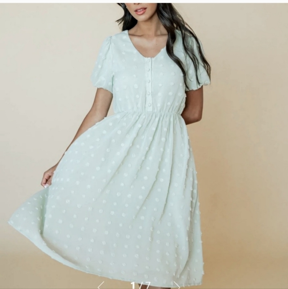 Baltic Born Mila White Swiss Dot Puff Short Sleeve‎ Lined Sz. L Dresa